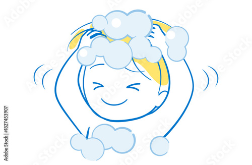 シャンプーを泡立てて頭を洗っている子供のイラスト