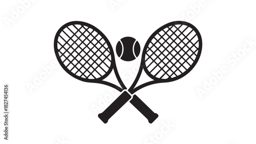 Tennis rackets crossed with a tennis ball simple black vector icon for sports and recreation isolated on white background