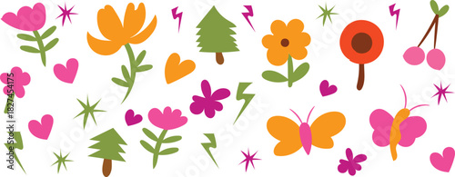 Whimsical hand drawn spring flowers and butterflies illustration