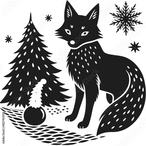 Winter fox and christmas tree graphic design with snowflakes