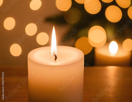 Warm glowing candle creates a cozy atmosphere with soft bokeh