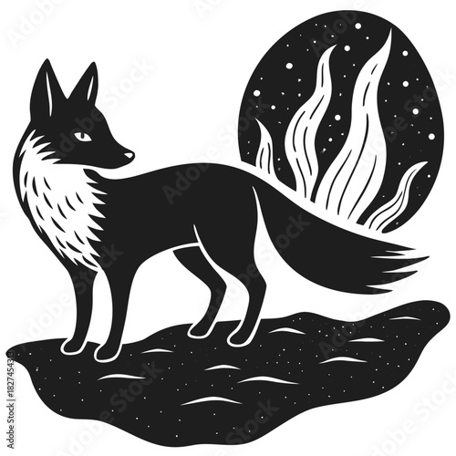 Stylized fox illustration with cosmic moon and wild fiery flames