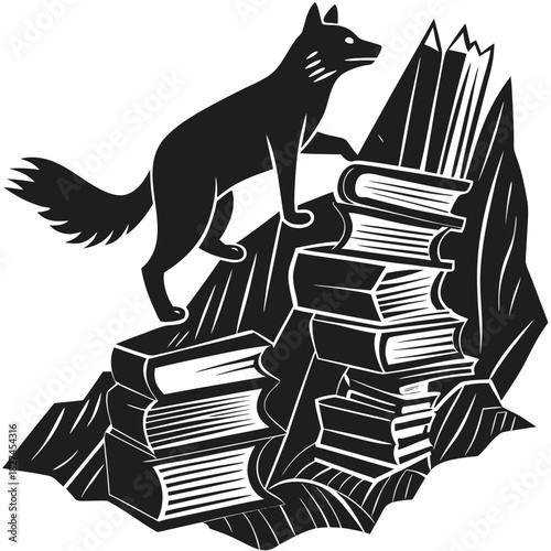 Fox on stacked books, symbol of knowledge, learning and wisdom.