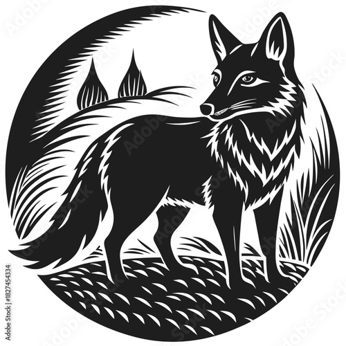 Stylized woodcut black fox standing in forest emblem logo design