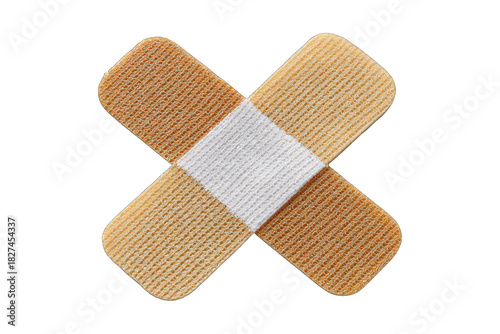 Two adhesive bandages are crossed in an X shape on a clean white background, symbolizing first aid and minor injury.
