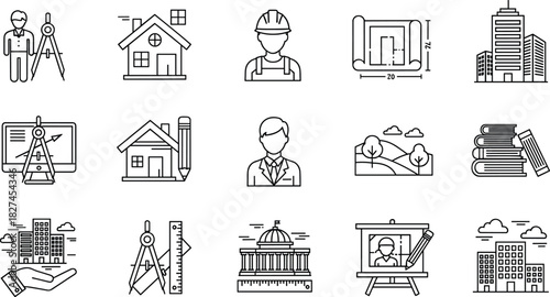 Architecture, engineering, urban planning, construction, blueprint, CAD drawing, technical icon set, cityscape, vector illustration, drafting tools, professional design elements