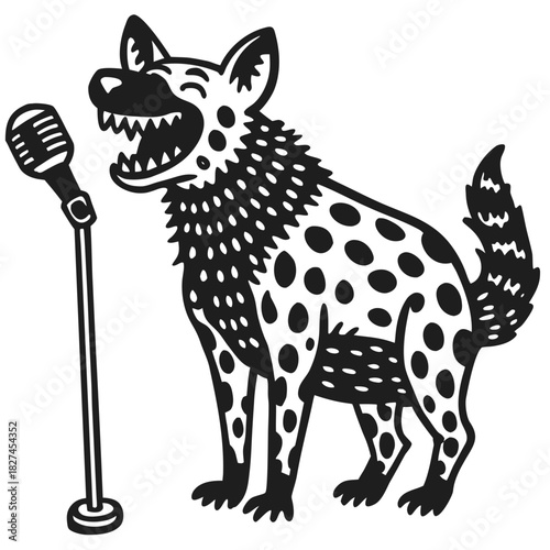 Hyena vocalizing into a standing microphone, black and white art