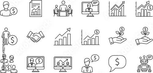 Business finance icons, communication symbols, teamwork, investment, automation, growth, meeting, report, chart, dollar, speech, cad drawing flat vector illustration