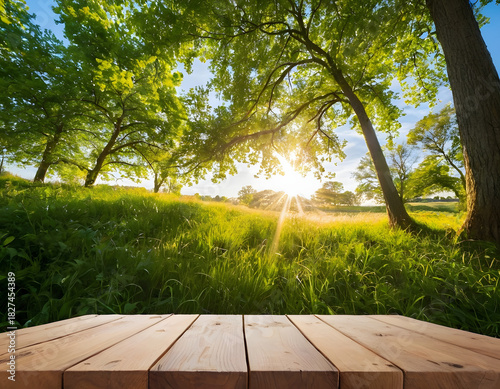 Sunny forest background, wooden table, product display 