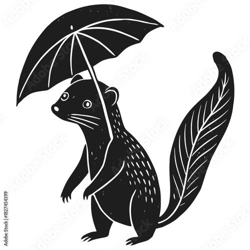 Adorable ferret-like animal holding a classic umbrella design art