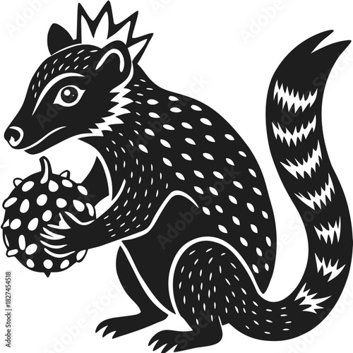Crowned weasel holding a spiky fruit in a unique folk art style