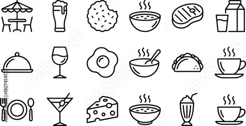 Restaurant Cafe Bar Diner Food and Drink Outline Icons Set, Including Beer, Wine, Steak, Soup, Coffee, Milk, Cheese, and Breakfast Meal Symbols, Vector Editable Clip Art.