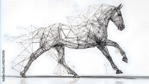 A stylized horse image formed from smooth geometric lines and polygonal wireframe shapes, blending organic curves with the symmetry of modern digital art. White background, clean vector precision.