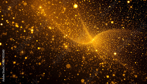 This image captures the motion of sweeping golden particles across a pitch-black background, representing dynamic movement and fluidity