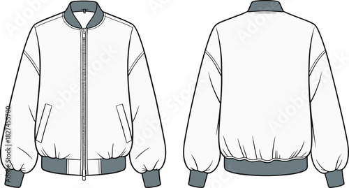 Bomber jacket, front and back view, technical flat sketch, fashion cad, vector illustration, puff sleeve, garment construction, apparel template