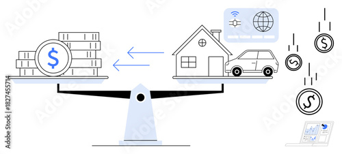 Scales balancing money and assets such as a house, car, and digital elements. Ideal for finance, budgeting, investments, equity, savings fintech wealth management. Simple flat metaphor