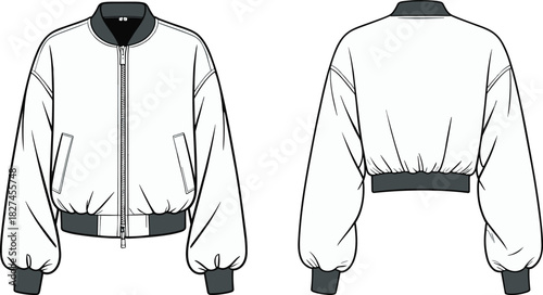 Bomber jacket, front and back view, technical flat sketch, fashion cad, vector illustration, dropped shoulder, garment construction, apparel template