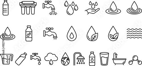 Water Drop Supply Purification Outline Icons Set, Including Bottle, Faucet, Filter, Shower, Environment, Wave, Earth, and Measurement Symbols, Editable Vector Line Art.