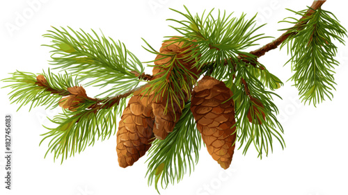 Fir tree branch with cones, in clip art style, isolated on white background