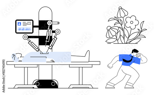 Robotic surgical system treats a patient while a masked person looks at blooming flowers. Ideal for technology, healthcare, innovation, robotics, nature, environment, modern medicine. Simple flat