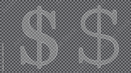 Dollar round square transparent button set on grey background. 3d vector realistic ui icon.