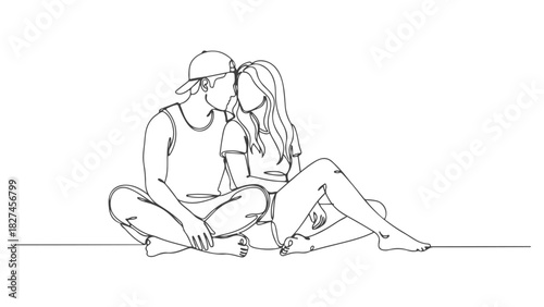 Romantic Couple Line Art Continuous One-Line Illustration of Lovers