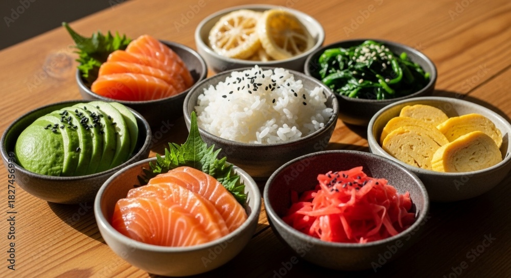 custom made wallpaper toronto digitalAssortment of fresh ingredients for sushi, including salmon, avocado, rice, and pickled ginger, arranged in small bowls.