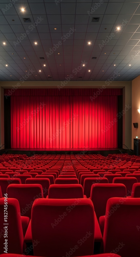 Fototapeta premium Empty cinema auditorium with rows of red velvet seats and a stage curtain
