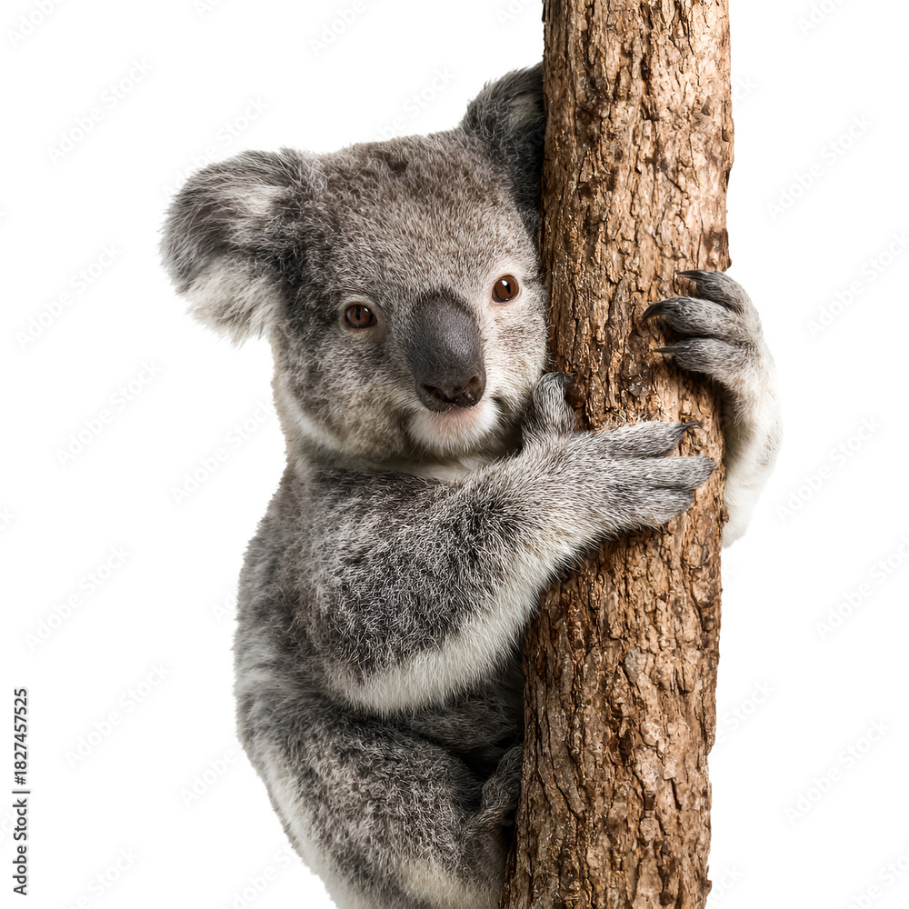 Naklejka premium Adorable fluffy grey koala bear clinging to a rough tree trunk isolated on transparent background
