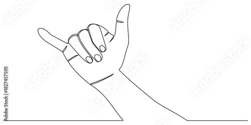 Single continuous line drawing shaka sign gesture. Hawaiian hand sign or symbol, Continuous one line drawing of shaka sign. Hang loose hand gesture of friendly intent often associated.