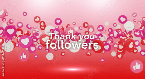 Celebratory thank you to social media followers with vibrant 3D icons design