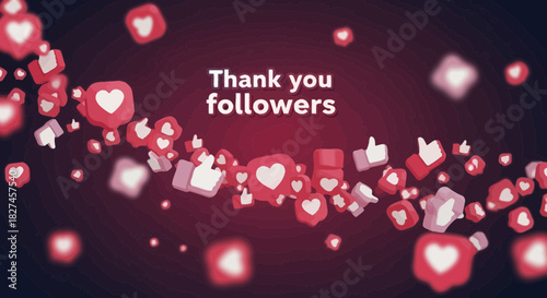Thank you followers design with floating hearts and likes on dark red background