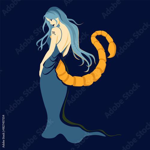 A beautiful girl in a dress with a golden scorpion tail. Zodiac sign Scorpio. Vector illustration.