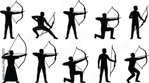 Archer silhouette vector set with bow and arrow in various stances for archery training, sport design and illustration use