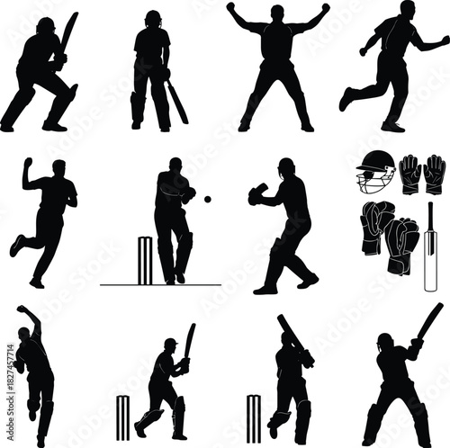 Cricket silhouettes, player poses, sports vector, batsman, bowler, fielder, wicketkeeper, gear icons, helmet, gloves, bat, pads, action, black shapes, graphic, illustration, athletic, equipment