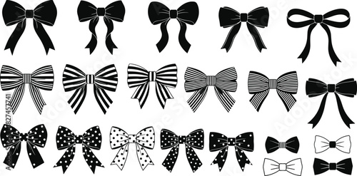Decorative bow silhouette collection with polka dots, stripes, solid styles for fashion design, gift wrapping and craft illustration use
