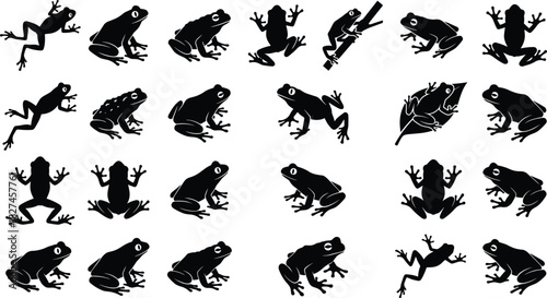 Frog silhouette vector set with jumping, sitting, climbing and leaf poses for amphibian biology, nature, art and design illustration