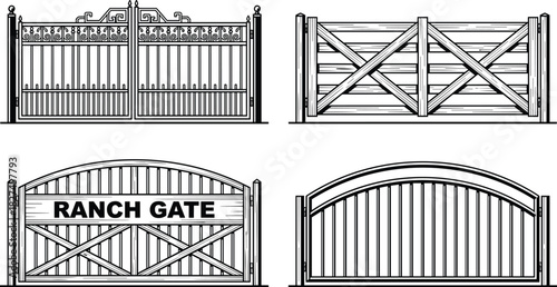 Gate silhouette vector set with wrought iron, wooden, ranch and modern styles for architecture, fencing, entrance and design illustration