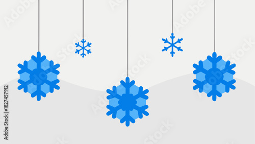 Illustration of hanging blue snowflakes on strings against a snowy white background scene design