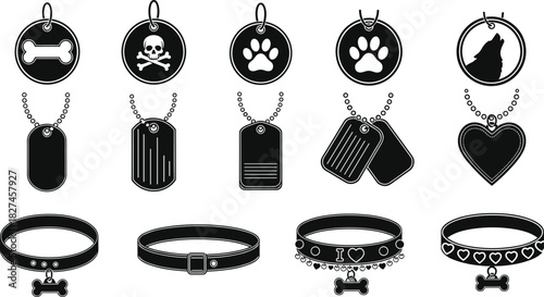 Pet tag and collar vector set with bone, paw, heart and decorative designs for animal accessories and identification illustration