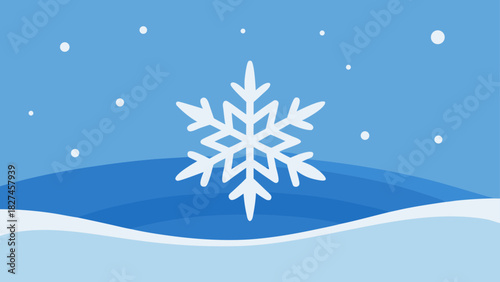 A winter scene featuring a large white snowflake against a blue background with snow and falling dots