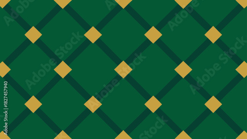 A geometric pattern of green squares with dark green lines and gold diamonds creating a lattice design
