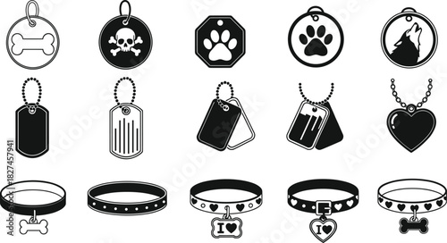 Pet tag and collar vector set with bone, paw, heart, skull and decorative designs for animal fashion and identification use