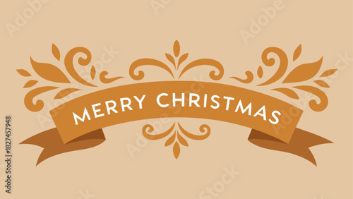 A decorative merry christmas banner with floral elements on a light brown background for holiday greetings