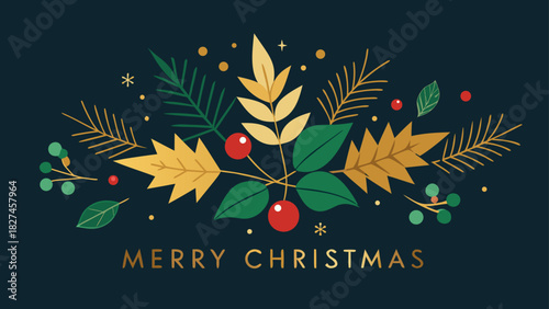 Merry christmas text with decorative leaves and berries in gold green and red on a dark blue background