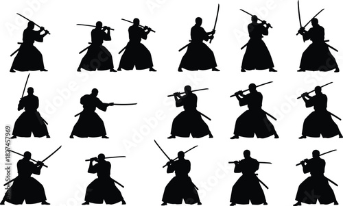Samurai silhouettes, katana poses, martial arts, Japanese sword, warrior stance, combat motion, traditional attire, vector, graphic, illustration, black shapes, fighting style, kenjutsu, kendo