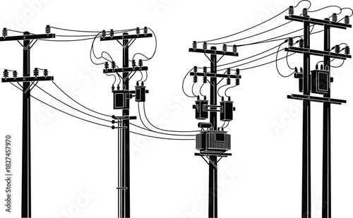 Utility pole vector illustration with transformers, insulators, power lines and electrical components for energy grid, infrastructure and engineering design