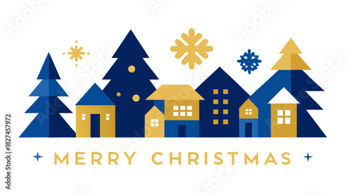 Festive christmas scene with stylized trees houses and snowflakes in blue and gold color scheme design