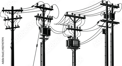 Utility pole silhouette with transformers, insulators, power lines and electrical components for energy infrastructure, grid network and engineering illustration