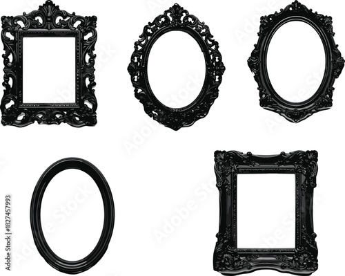 Vintage picture frame silhouette vector set with ornate oval and rectangular designs for classical, gothic, art and decor illustration